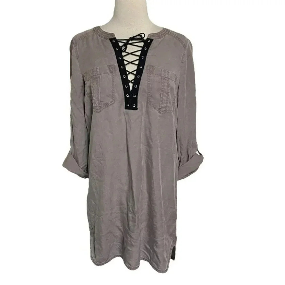 Express‎ Tunic Dress Small Taupe Lace Up V-Neck Lyocell Roll Tab Utility Safari